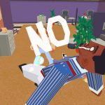 A dazed, weeping office manager is physically thrown backwards by a large full-capped 'NO' emitted by the player character.