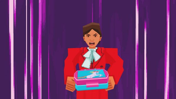 A dramatic shot of the CEO, dressed in a red pantsuit, with a defiant expression. In her hands is the stolen unicorn lunchbox that forms the catalyst for the game.