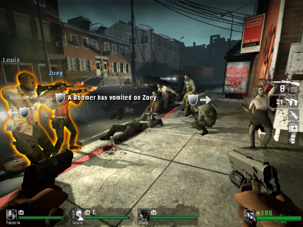 Screenshot from Left 4 Dead (2008), which depicts the playable characters and text that reads 'A Boomer has vomited on Zoey'. 