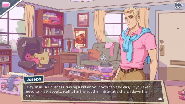 Joseph in a cluttered living room offering parenting guidance and support to the player.
