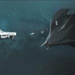 Two space ships, one white and one black, contrasted against the semi-blue void
