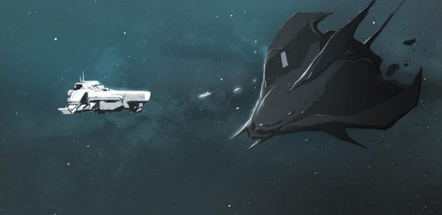Two space ships, one white and one black, contrasted against the semi-blue void