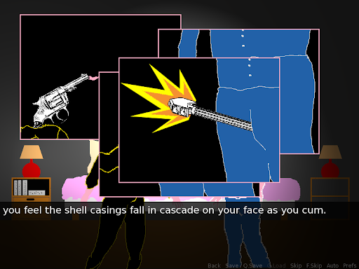 An intimate sex scene depicted through the innuendo of guns firing.