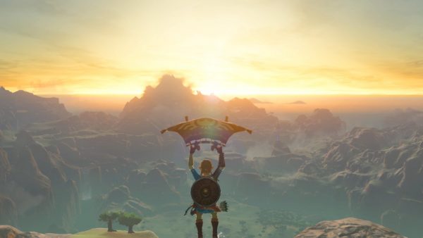 Link hang-gliding towards the sunset